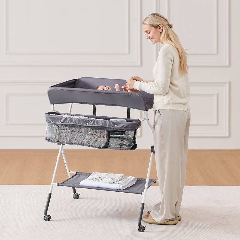 Oxford Fabric Kids Changing Table with Adjustable Height and Storage - 33.39 x 29.33 x (40.55-42.91) in