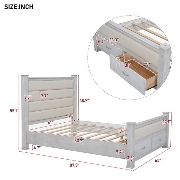 Queen Size Wood Frame with Upholstered Headboard and Footboard, Platform Bed with 2 Drawers, Antique White
