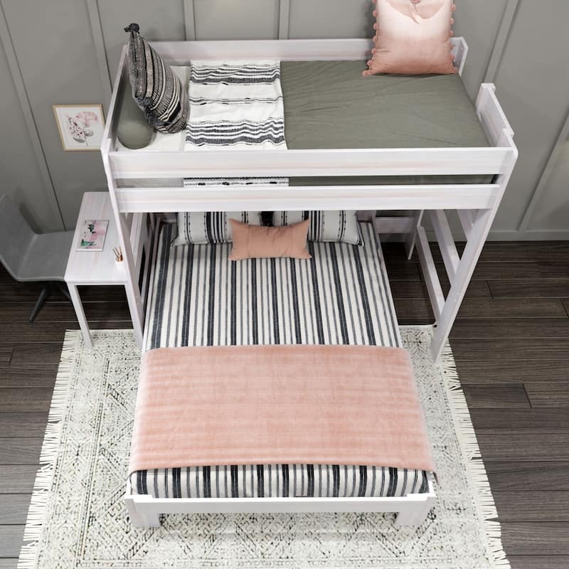 Max and Lily Farmhouse Twin over Queen L Shaped Bunk Bed with Desk
