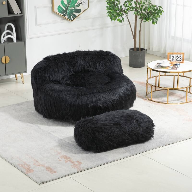 Plush Upholstered Round Comfort Lounger Bean Bag Chair with Ottoman