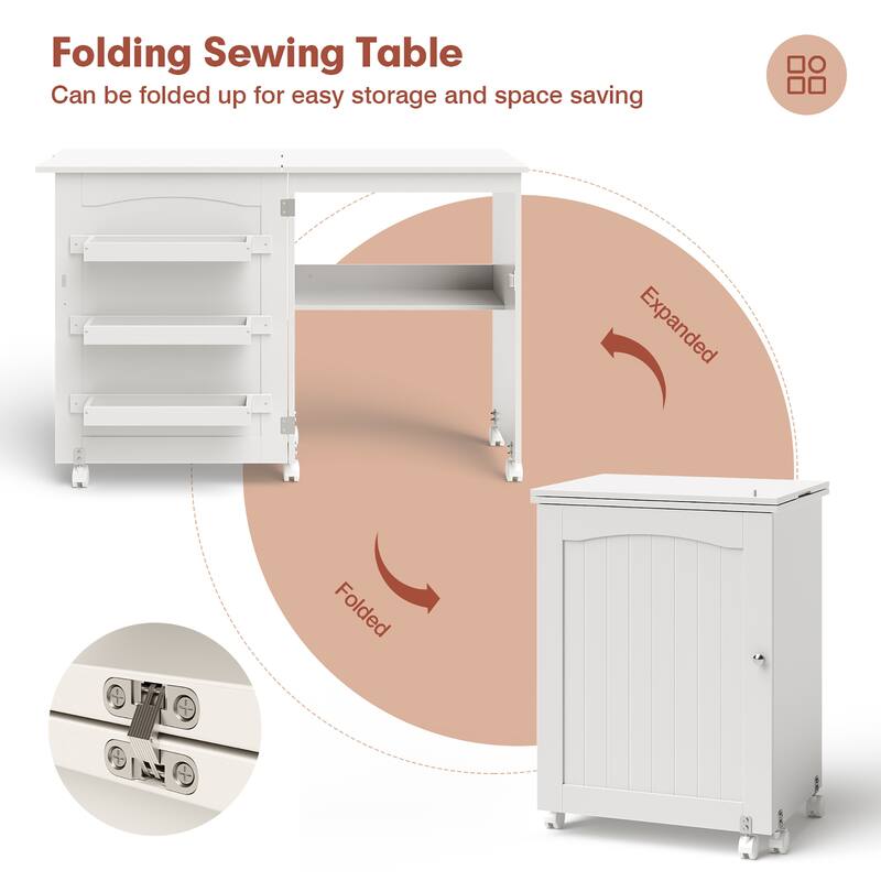Costway White Folding Sewing Craft Table with Storage Shelves Cabinet - See details