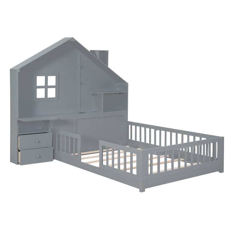 Wooden Floor Platform Bed with House Shape Storage Wingback Headboard, House Bed with USB, Window and Bedside Drawers