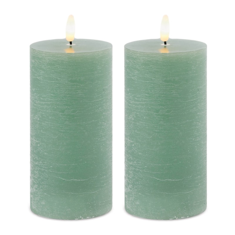 Set of Two Green Flameless Pillar Candles