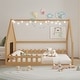 preview thumbnail 11 of 28, Wood Full Size House Floor Bed with Window,Fence and LED Lights Natural - Full
