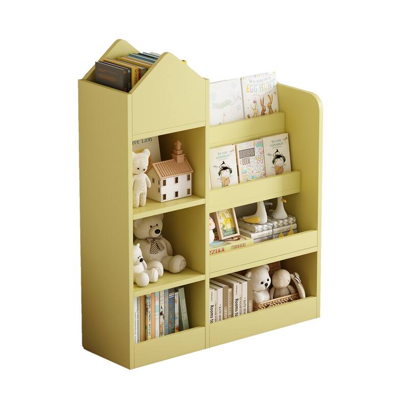 Wood Kids Wooden Bookshelf Toy Storage Organizer with Bookcase, Bin Storage Unit with 6 Compartments 2 Baskets Box Organizer