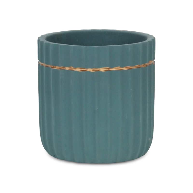 Aurine Round Gold Trimmed Ridged Ceramic Pot - Blue