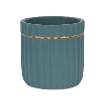 Aurine Round Gold Trimmed Ridged Ceramic Pot - Blue
