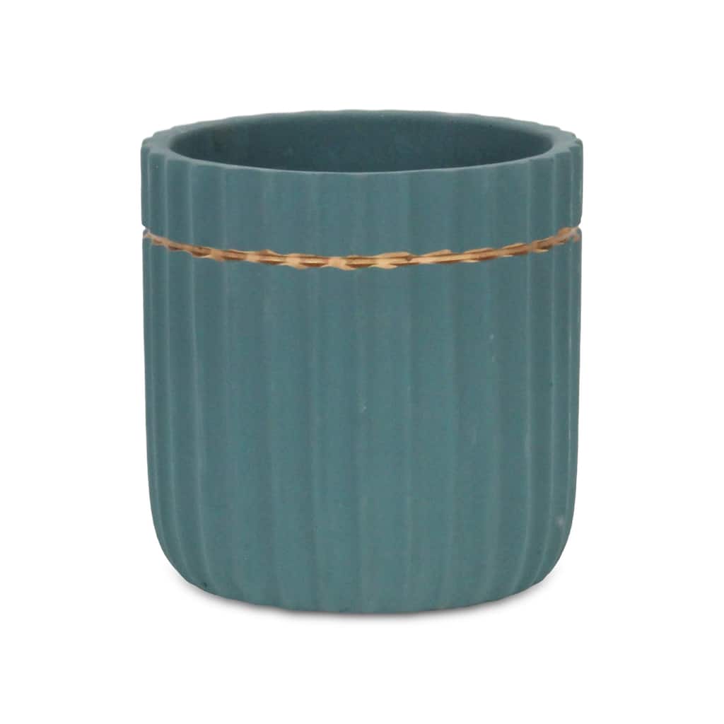 Aurine Round Gold Trimmed Ridged Ceramic Pot - Blue