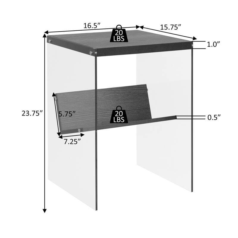 Minimalist Glass End Table with Lower Shelf, Clear Side Panels, Particleboard Top and Modern Contemporary Design - 16.5