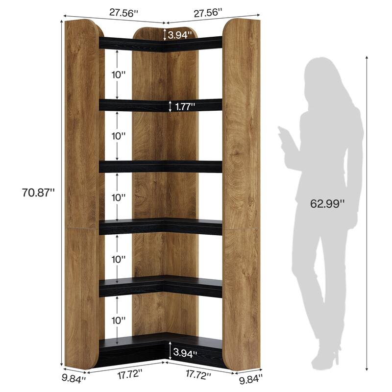 6-Tier Wooden Bookcase, 70.9-Inch Tall Corner Bookshelf