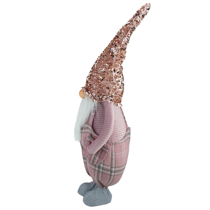 24" Pink and Gray Plaid Christmas Gnome with a Rose Gold Hat