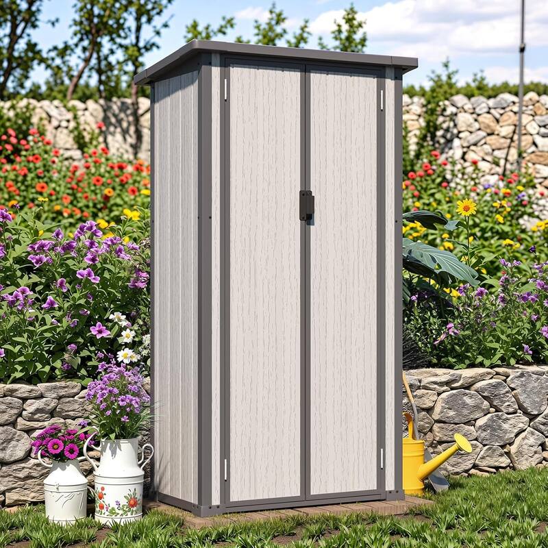 AECOJOY Tall Resin Outdoor Storage Cabinet Waterproof with Adjustable Shelves, Vertical Plastic Storage Shed with Floor