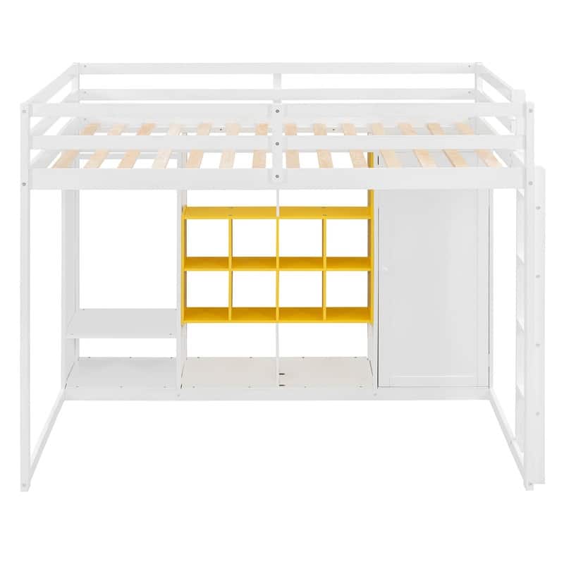 Full Size Wood Loft Bed with Wardrobe, Shelves and Cabinet