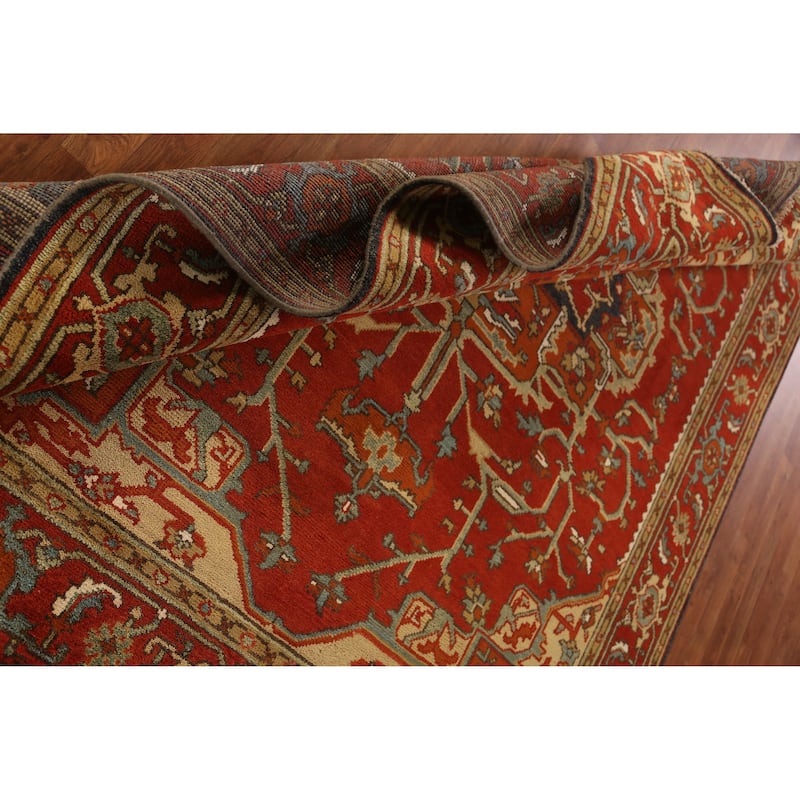 Medallion Heriz Serapi Indian Area Rug Hand-Knotted Floral Wool Carpet - 7'11" x 9'10"