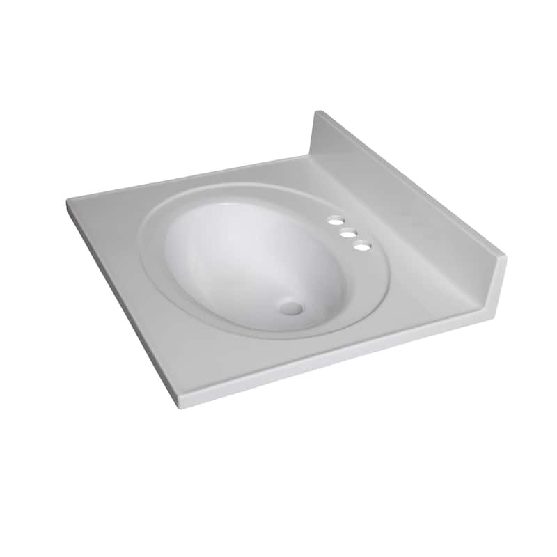 Fine Fixtures White Cultured Marble Top With Integrated Sink, 4" Backsplash and Overflow Included.