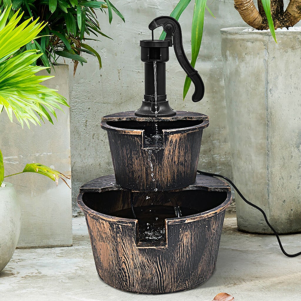 2 Tier Patio Barrel Waterfall Fountain Water Fountain Barrel with Pump