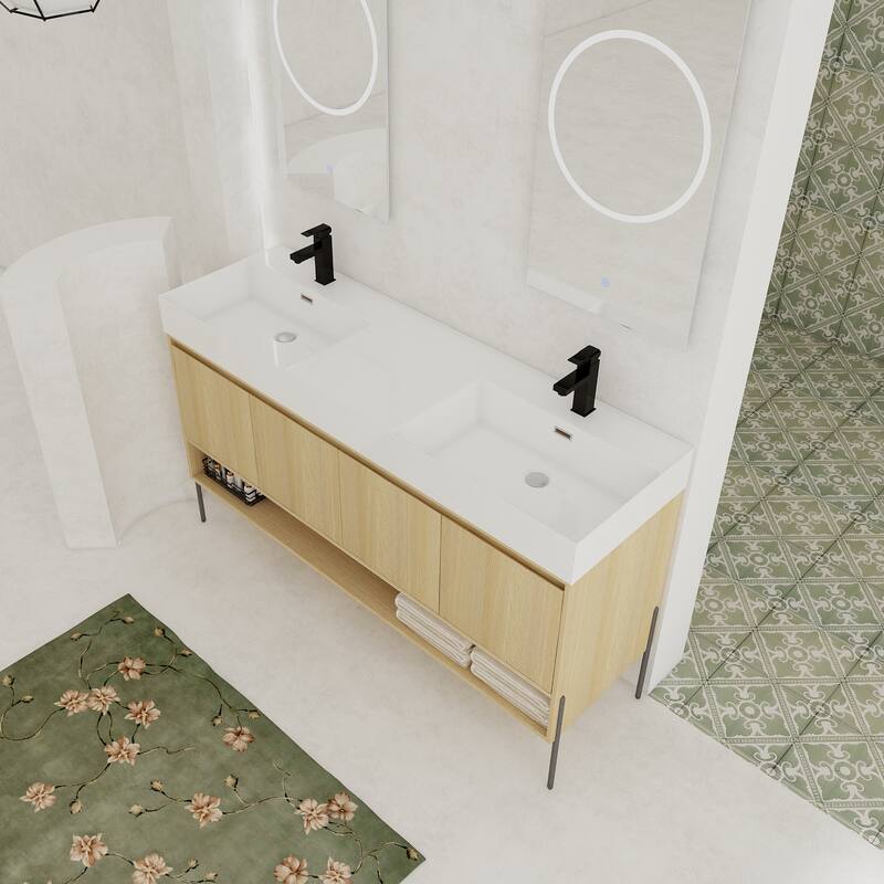 GDFStudio - Sydney Modern Freestanding Bathroom Vanity Cabinet with Double Resin Sink & 4-Soft Closing Doors - 60"