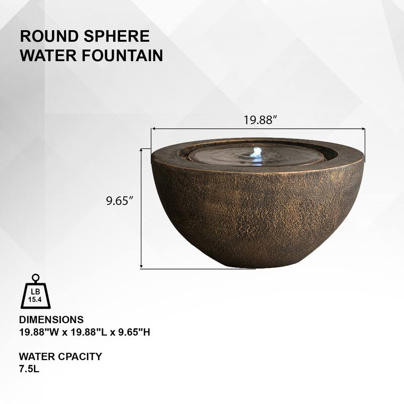 XBrand 19.8"W Round Polyresin Sphere Water Fountain w/LED Light, For Indoor/Outdoor, Garden Water Fountain