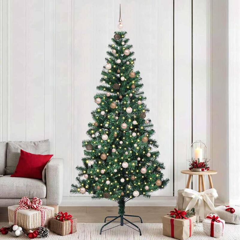 vidaXL Artificial Christmas Tree Green 70.9" PVC - Green with leds & rose gold balls - 8 Foot