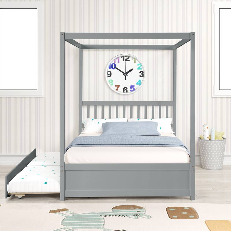 Full Size House Bed with Trundle and Slat Support, Solid Pine Wood Frame - Grey