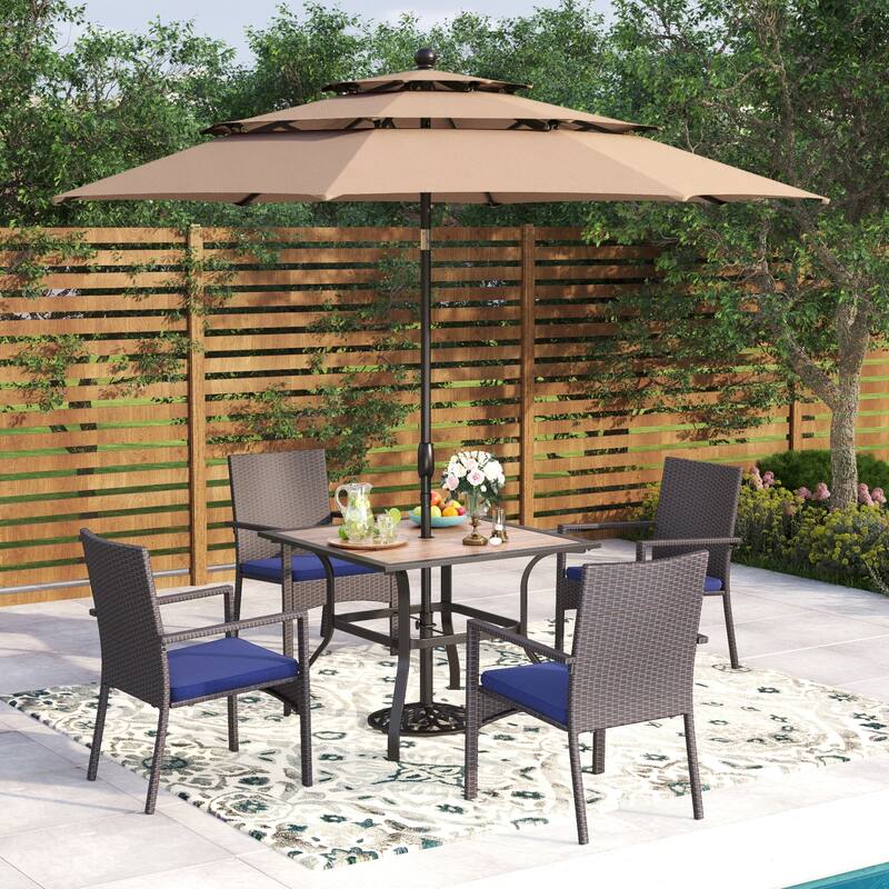 5-Piece Patio Dining Set, 36" Square Acacia Wood Table and 4 Rattan Armrest Chairs - +Beige Umbrella