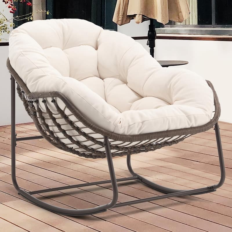 Outdoor Rattan Rocker Recliner Chair With Polyester Padded Cushion