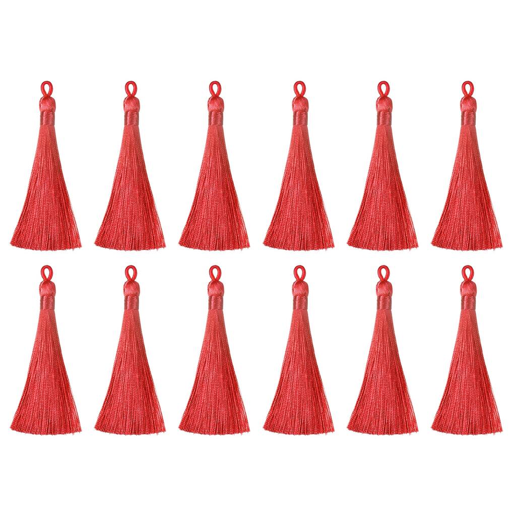 3.7" Silky Bookmark Tassels with Loop for DIY Craft Accessory, 12Pcs Red