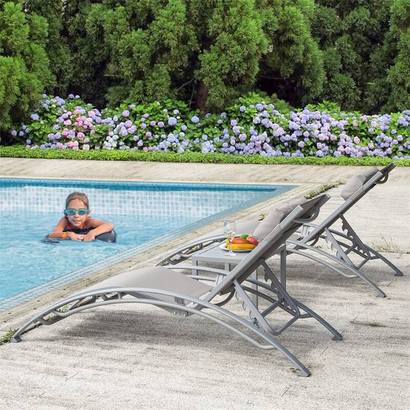 Set of 3 Adjustable Aluminum Pool Chaise Lounge Chairs Bed Bath