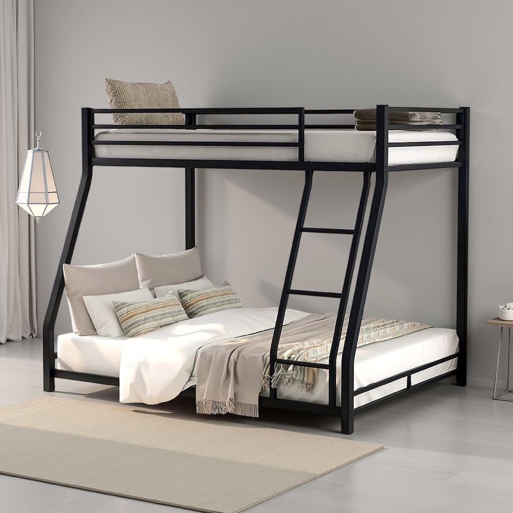 Ovi 78 Inch Twin over Full Bunk Bed, Ground Level Platform Bed, Black