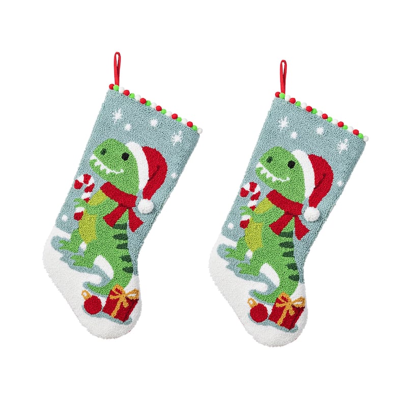 Glitzhome Christmas Hooked Stocking Cat Dog Fox Reindeer Dinosaur(Set of 2) - Dinosaur*2