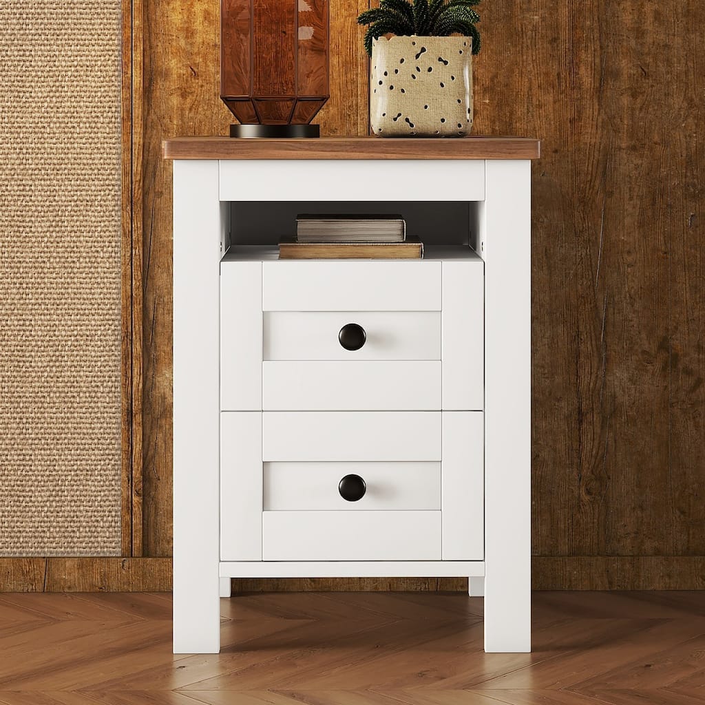2-Drawer Farmhouse Nightstand with Built-in Open Shelf Storage Wood Side Table Storage Cabinet for Bedroom