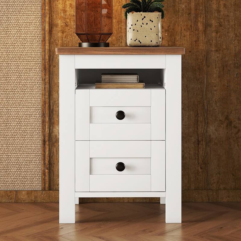 Farmhouse 2-Drawer Wooden Nightstand - Well-Proportioned Design + Storage Cabinet for Bedroom (White & Brown)