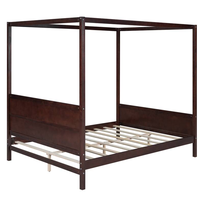 HomeRoots Espresso Inlaid Panels Wood Queen Canopy Bed