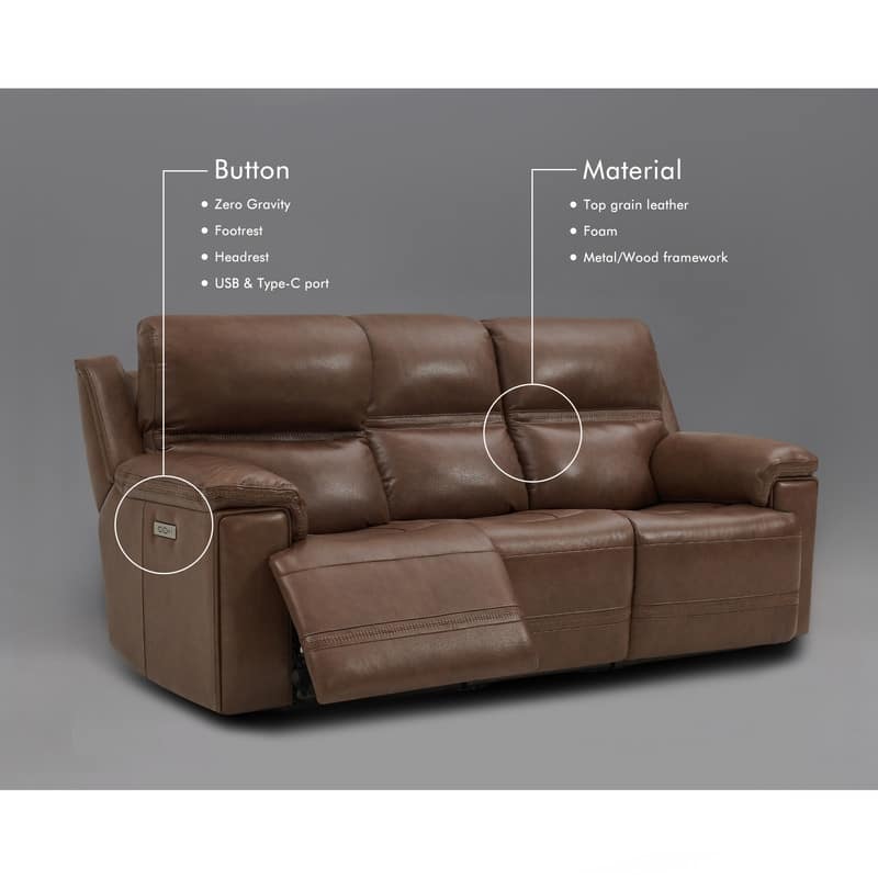Genuine Leather Dual Power Sofa with Zero Gravity, Adjustable Headrest, Footrest, USB/Type-C & Cross-stitching Detail