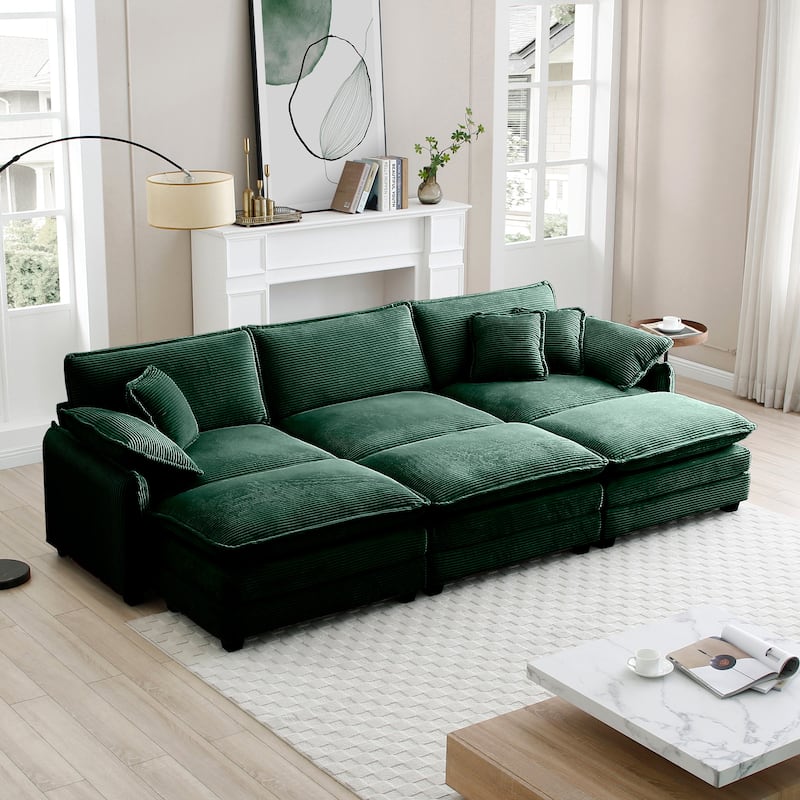 Green 6-piece Corduroy Modular Sleeper Sectional Sofa with 3 Ottomans - Green
