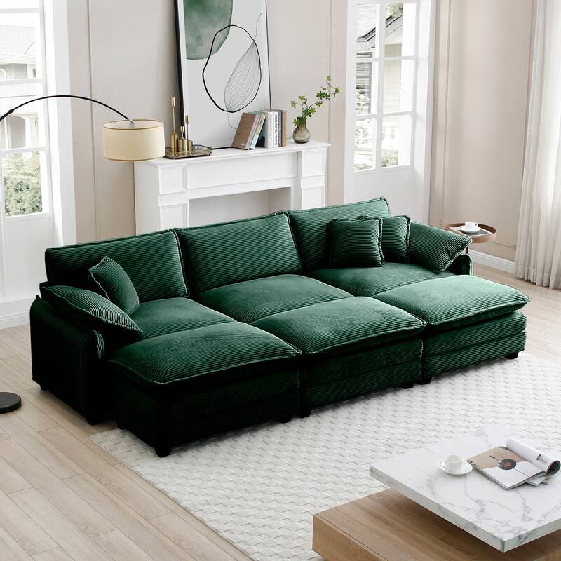 Green 6-piece Corduroy Upholstered Modular Sleeper Sectional Sofa with 3 Removable Ottoman and 5 Pillows, Free Combination - Green