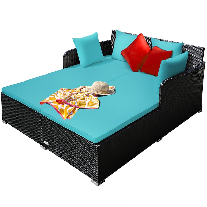Costway Outdoor Patio Rattan Daybed Pillows Cushioned Sofa Furniture - See details