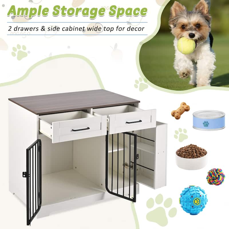 37.4" Dog Crate Furniture, Indoor Dog Kennel with 2 Drawers and Storage Cabinet, Modern Furniture Dog Crate Side End Table