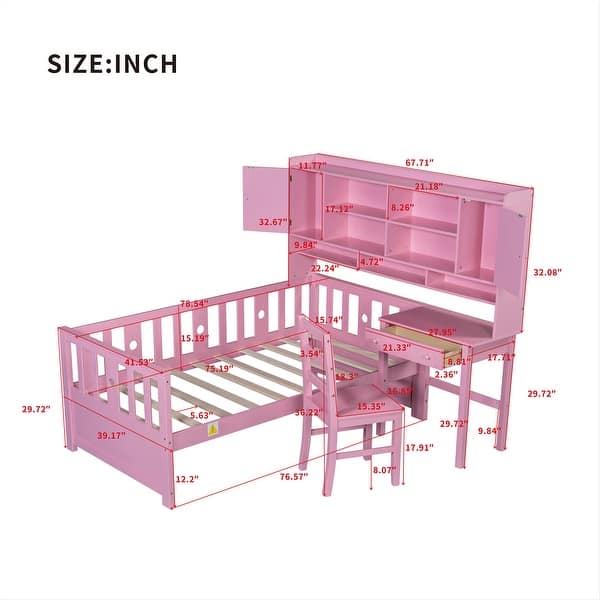 dimension image slide 2 of 3, Twin Size Multifunctional Wood Platform Bed with Bookshelf at the Head of the Bed, Built-in Desk and Matching Chair