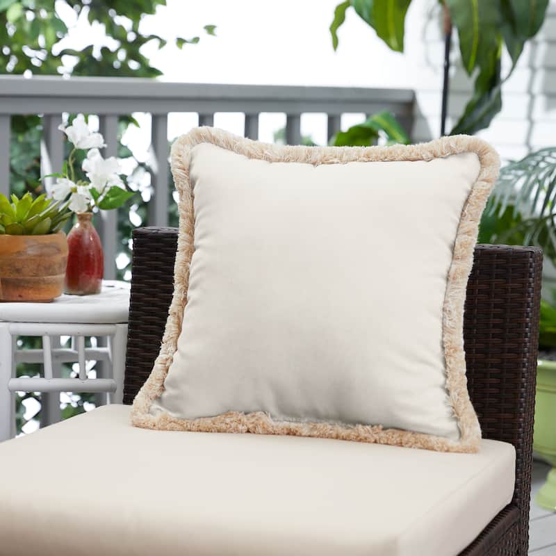 Sunbrella Canvas Natural Indoor/ Outdoor Square Pillow with Fringe - 18 in L x 18 in W - Canvas Natural / Tan and White