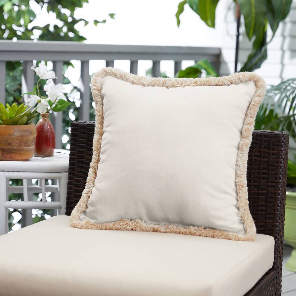 Sunbrella Canvas Natural Indoor/ Outdoor Square Pillow with Fringe - 18 in L x 18 in W