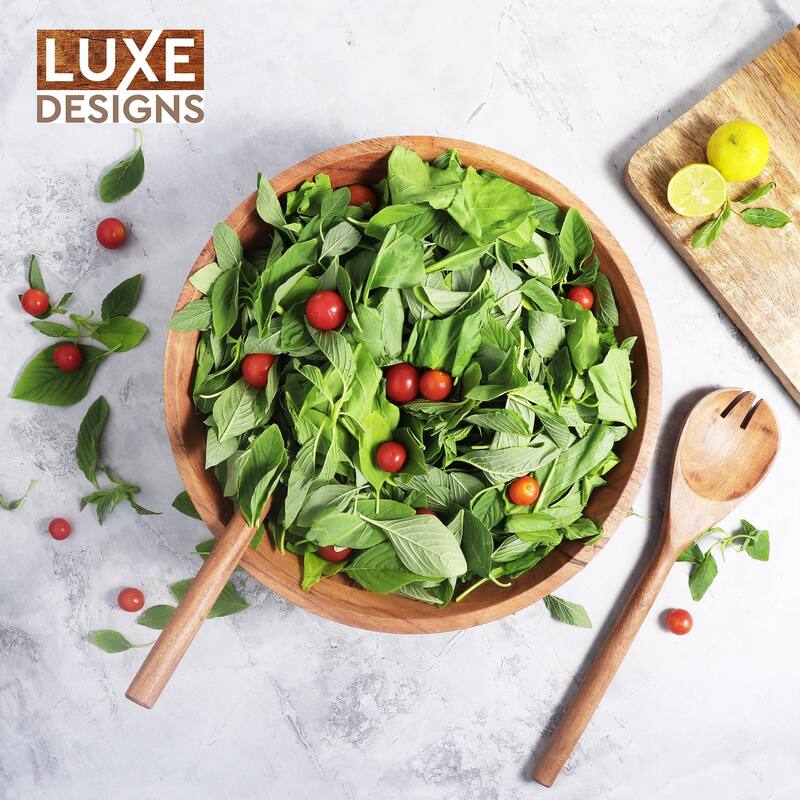 Wooden Salad Bowl Set - Food Safe & Sustainable Decorative Bowl - Wood Bowl for Fruits & Salads