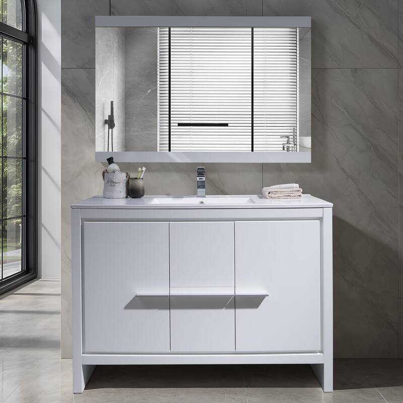 Blossom 48-Inch Bathroom Vanity Set with Ceramic Sink and Mirror Combo - Glossy White