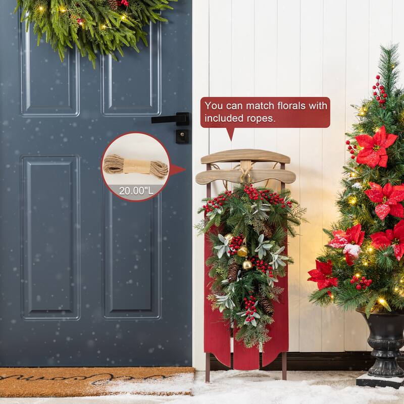 Glitzhome 34.25"H Wooden Natural Christmas Sleigh Porch Decor With Floral - Red Porch Decor With Floral