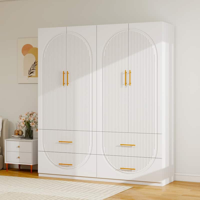 Armoire Wardrobe Closet with Drawer and Shelves, Freestanding Wooden Bedroom Armoire Closet with Hanging Rod