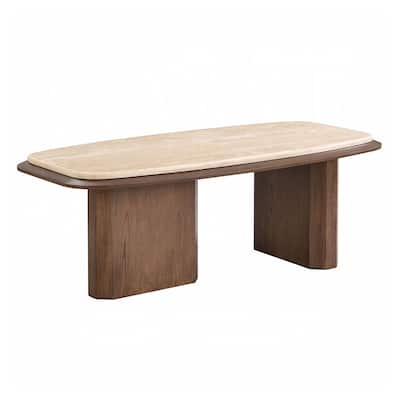 Wood and Travertine Stone Coffee Table in Walnut