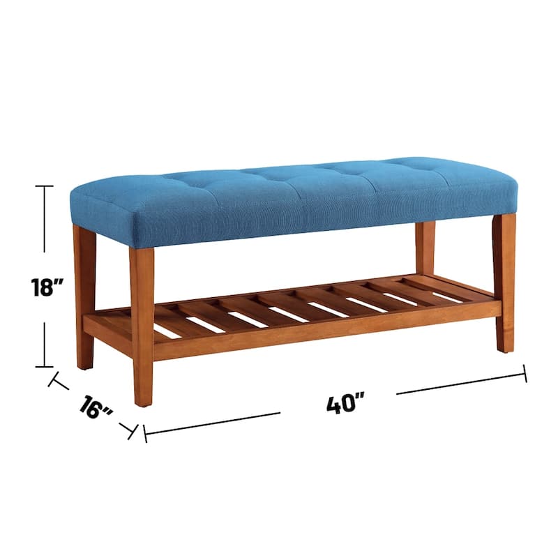 Fabric Upholstered Bench with Open Storage, Blue and Oak