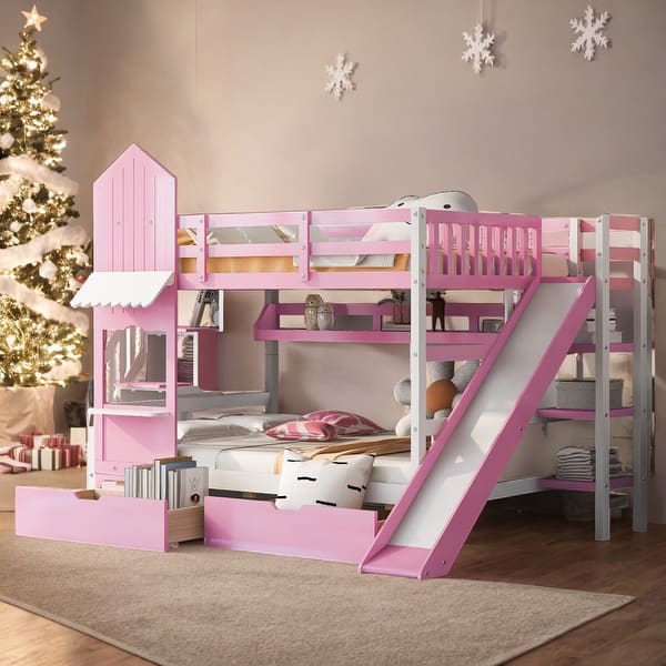 slide 2 of 12, Full-Over-Full Castle Style Bunk Bed with 2 Drawers 3 Shelves and Slide Pink