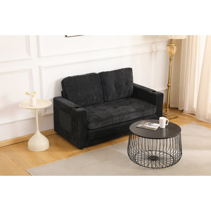 Sofa Bed with Pull-Out Straps, Velvet Sleeper Sofa with Side Storage Bags, Convertible Lounge Chaise Loveseat Daybed