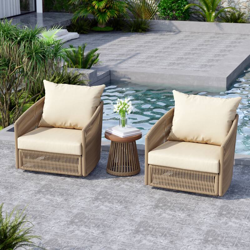 3 Piece Patio Woven Rope Swivel Chair Seating Group with Cushions
